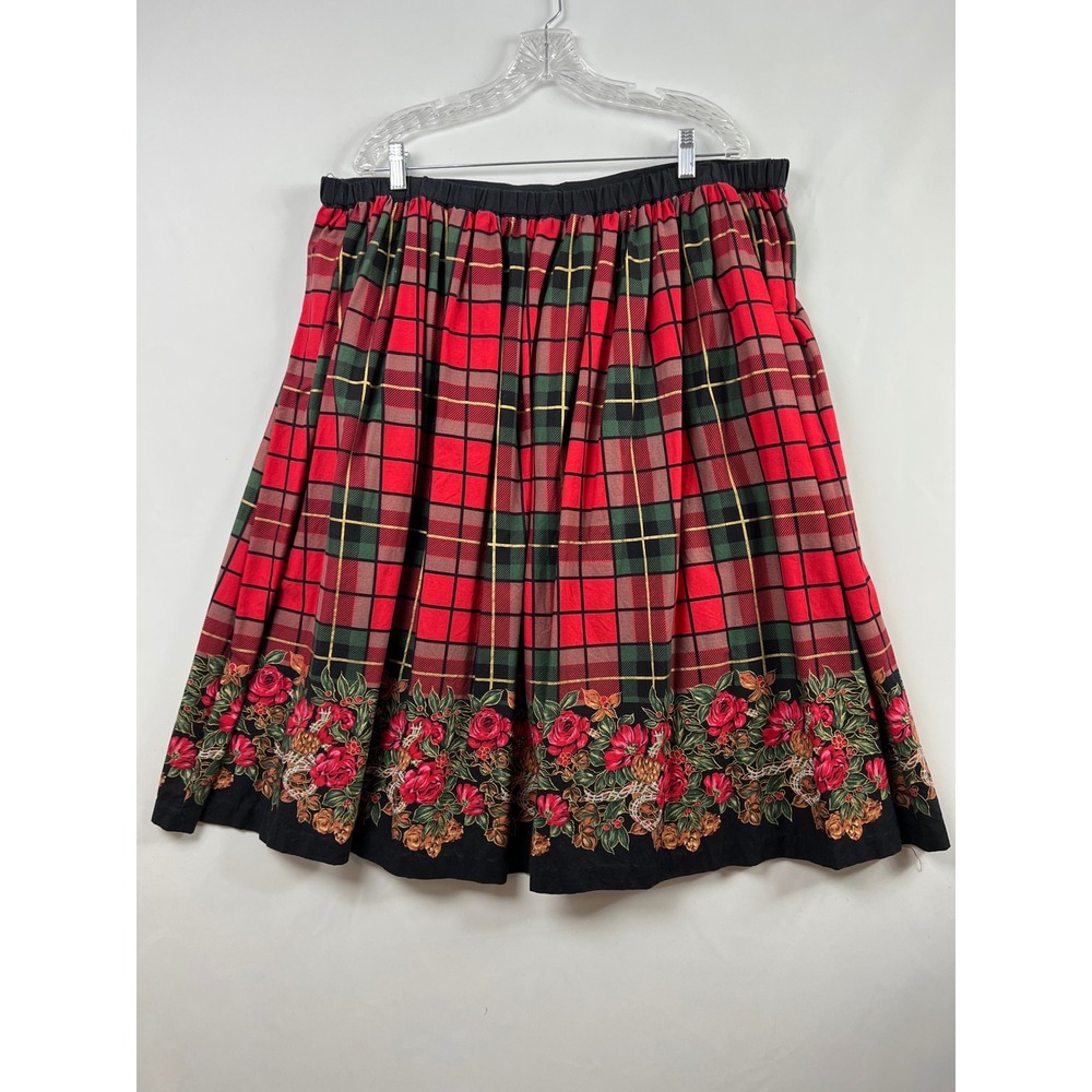 Christmas Plaid Floral Skirt Womens XL Red Green  Holiday A-line Midi Pocket